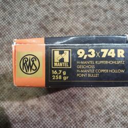 1 boite de 20 cartouches RWS de 9,2x74R &agrave; balle H-MANTEL de 16,7 g / 258 grs