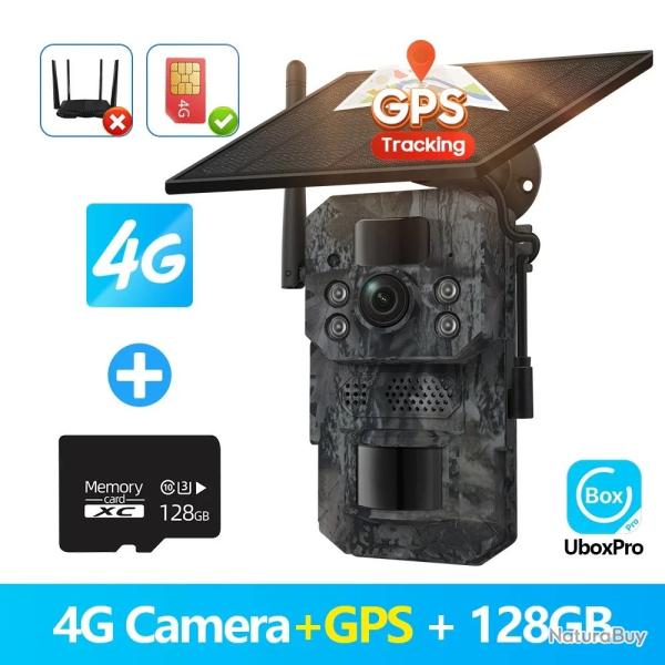 Cam�ra de Chasse 4G  GPS et Panneau Solaire Vision Nocturne HD D�tection PIR Etanche IP65 SD 128G