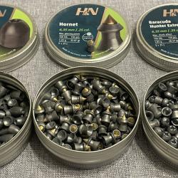 Lot de 3 boites de plombs cal 6.35mm H&N - Slugs / Perforant pointe laiton / t&ecirc;tes creuses