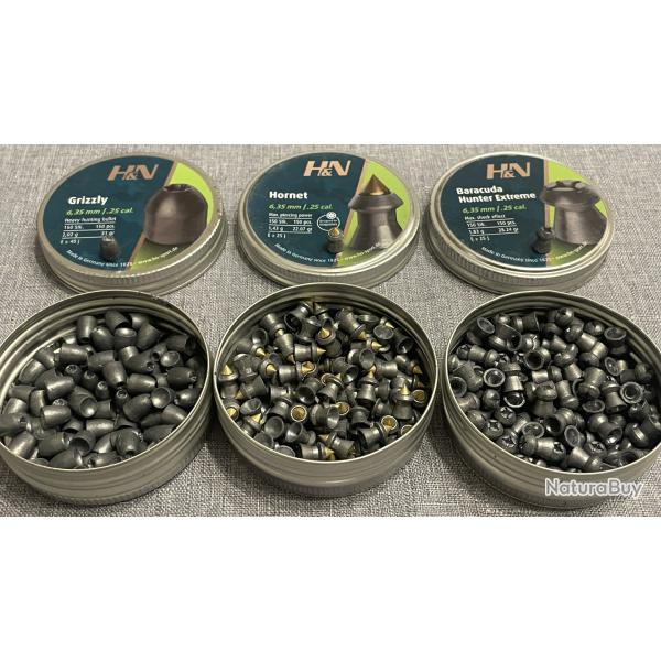 Lot de 3 boites de plombs cal 6.35mm H&N - Slugs / Perforant pointe laiton / t�tes creuses