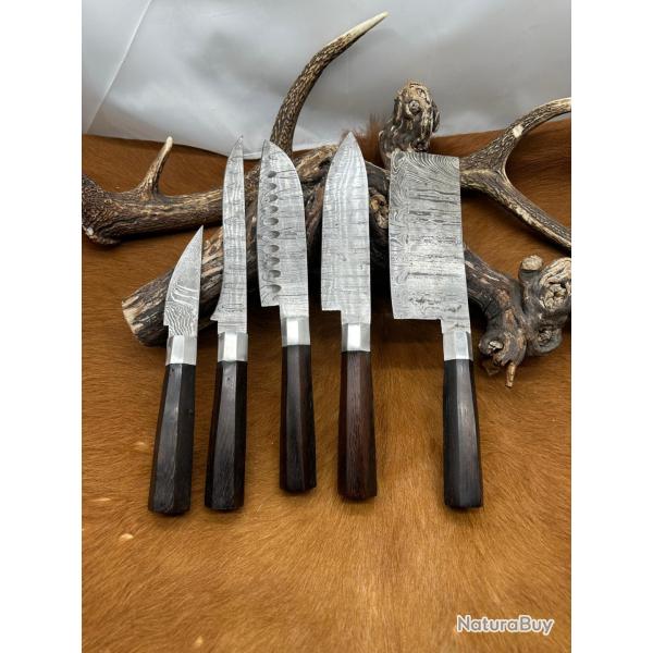 Set de Boucher en Lame acier Damas 256 couches + �tui en cuir de vache ref CHEF3