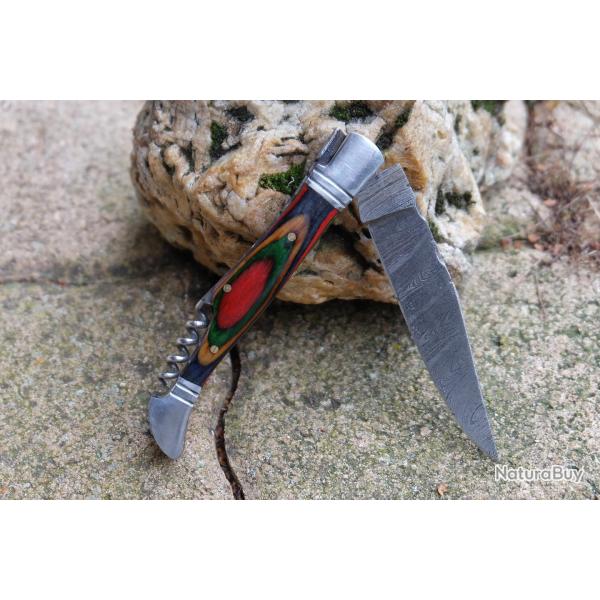 Couteau Damas Lame 128 Couches Fa�on Laguiole Abeille Manche Arlequin Tire Bouchons Fab Artisanale