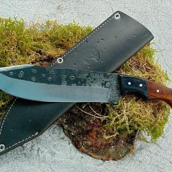 Grand Poignard de Chasse - Lame 20cm Acier Carbone - Manche Bois Poli - &Eacute;tui Cuir