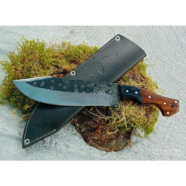 Grand Poignard de Chasse - Lame 20cm Acier Carbone - Manche Bois Poli - �tui Cuir
