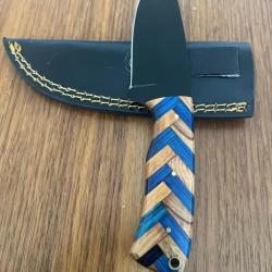 Couteau de Chasse  Bushcraft - Acier 1095 Inox - Manche Artisanal - &Eacute;tui Cuir V&eacute;ritable