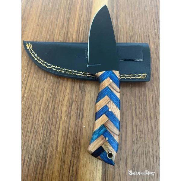 Couteau de Chasse  Bushcraft - Acier 1095 Inox - Manche Artisanal - �tui Cuir V�ritable