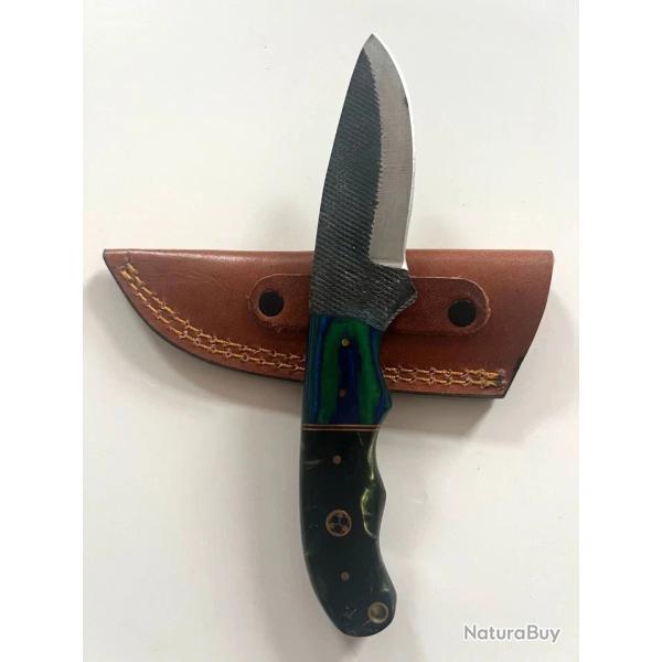 Couteau de Chasse  Bushcraft - Acier Carbone 1095 - Manche Pakkawood - �tui Cuir