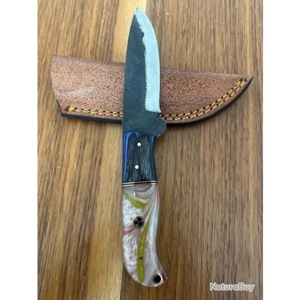 Couteau de chasse- Acier Carbone 1095 - Manche Hybride Pakkawood - �tui Cuir - 21cm