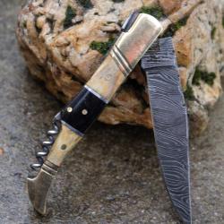 Couteau Damas Lame 128 Couches Fa&ccedil;on Laguiole Abeille Manche Bois/Corne Tire Bouchons Fab Artisan 01