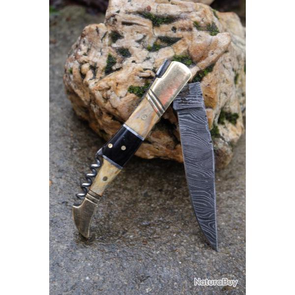 Couteau Damas Lame 128 Couches Fa�on Laguiole Abeille Manche Bois/Corne Tire Bouchons Fab Artisan 01