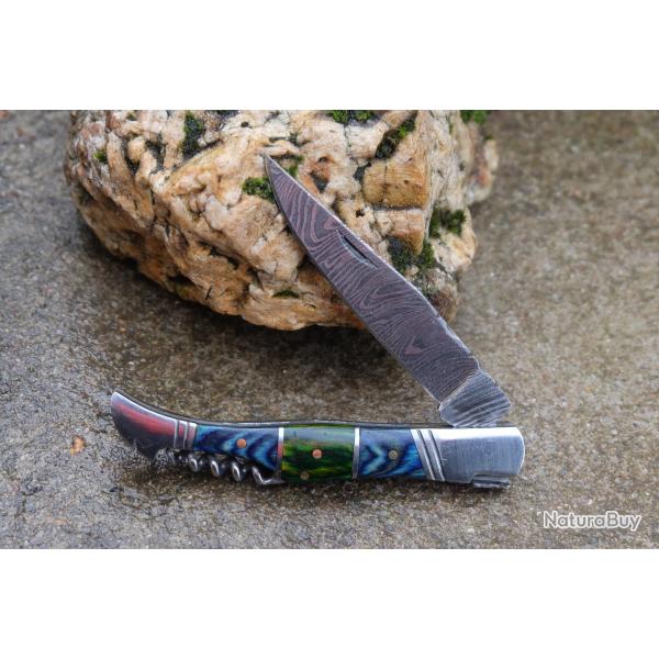 Couteau Damas Lame 128 Couches Fa�on Laguiole Abeille Manche 3 Bois Tire Bouchons Fabr Artisanale 02