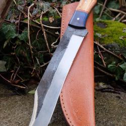 XXL BIG Couteau Buscharft Survie Bowie Lame Acier Carbone 1075 Etui Cuir Manche 3 Bois Fab Artisan