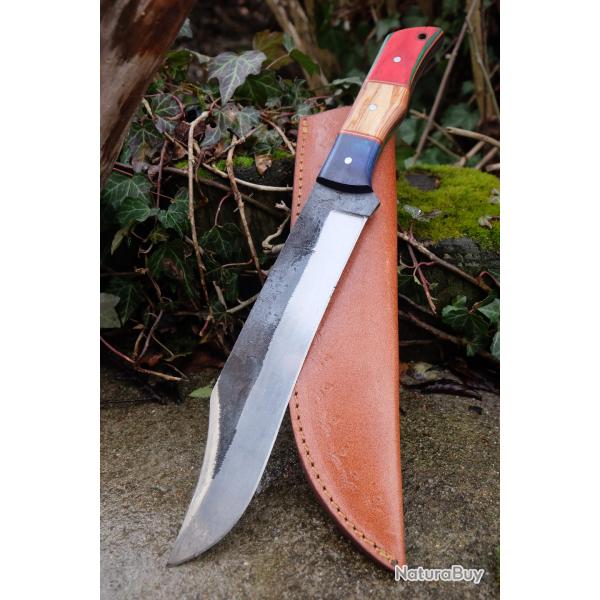 XXL BIG Couteau Buscharft Survie Bowie Lame Acier Carbone 1075 Etui Cuir Manche 3 Bois Fab Artisan