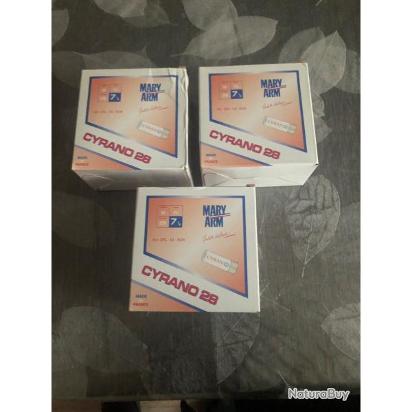 LIVRAISON OFFERTE  3boites de 25  cartouches Mary arme cyrano 28, cal 12/70, plombs 7,5