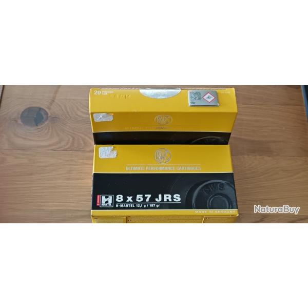 LOT CARTOUCHES RWS BOITE DE 20 CAL. 8 x 57 JRS "H- MANTEL" 12.1G