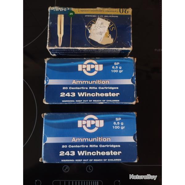 Lot 3 bo�tes de balles 243 winchester 100 gr 6,5 g