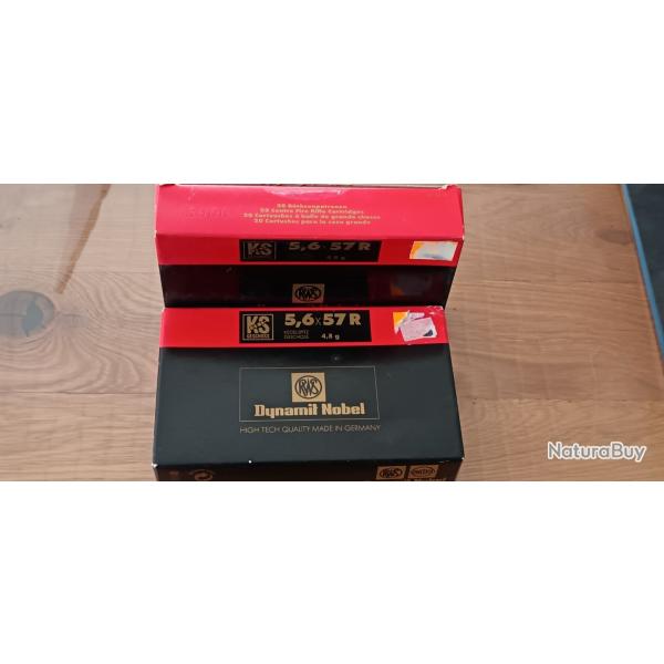 LOT CARTOUCHES RWS BOITE DE 20 CAL. 5.6X57R KS 4.8G