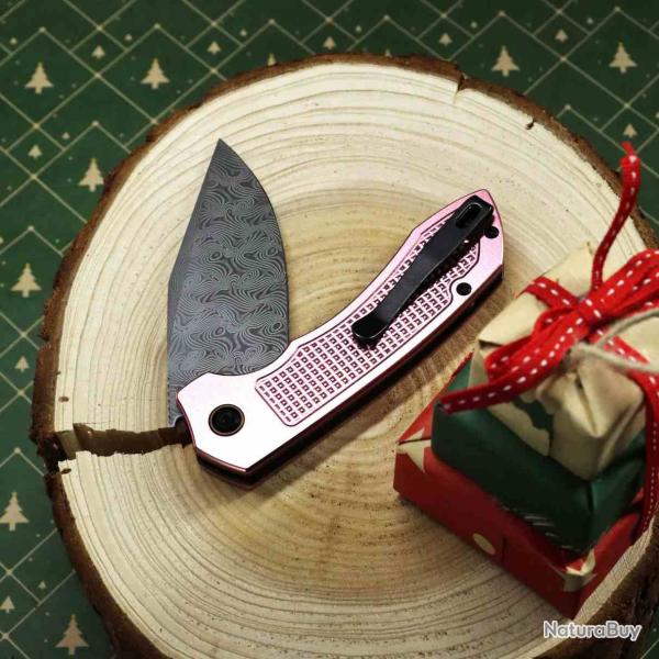 Couteau Tenable Entity Lame Acier Damas Manche Rose Gold Button Lock B1036F4