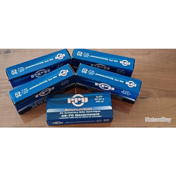 LOT 5 BOITES CARTOUCHES PPU BOITE DE 20 CAL. 45-70 GVT 26.25G