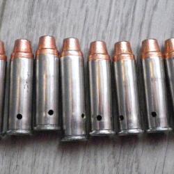 8 Cartouches - calibre 38 SPL et une 357 MAG (neutralis&eacute;es, douilles nickel&eacute;es, ogives SWC cuivr&eacute;es)