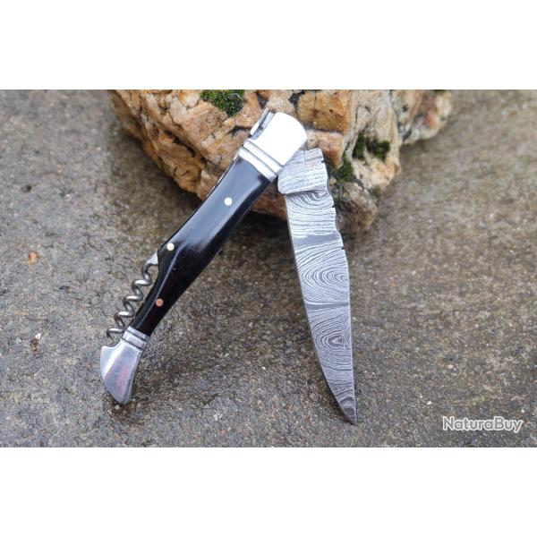 Couteau Damas Lame 128 Couches Fa�on Laguiole Abeille Manche Corne Tire Bouchons F Artisanale 001