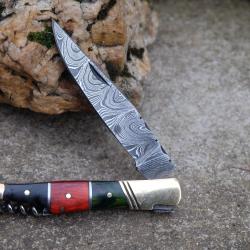 Couteau Damas Lame 128 Couches Fa&ccedil;on Laguiole Abeille Manche Bois/Corne Tire Bouchons Fab Artisanat