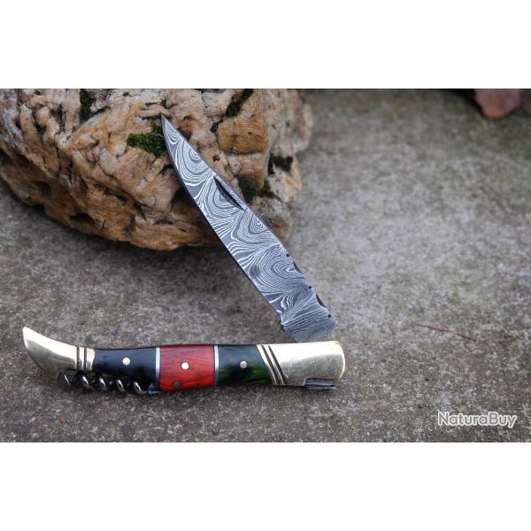 Couteau Damas Lame 128 Couches Fa�on Laguiole Abeille Manche Bois/Corne Tire Bouchons Fab Artisanat