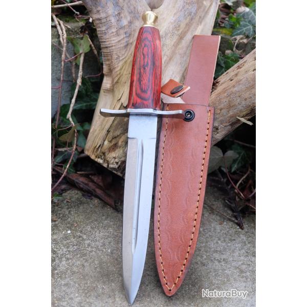 Couteau De Chasse Dague Lame Acier Carbone 1055 Manche Bois Garde Acier Etui Cuir Fab Artisanale