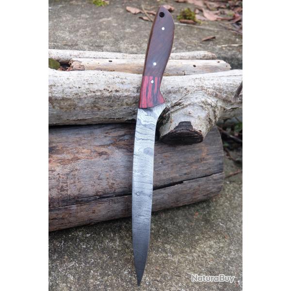 Grand Couteau De Cuisine Lame Acier Damas 256 Couches Manche 2 Bois Fabric Artisanale