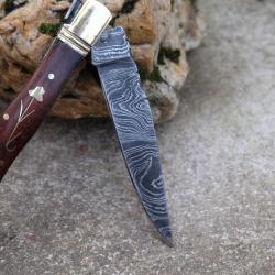 Couteau Damas Lame 128 couches Fa&ccedil;on Laguiole Abeille Manche Bois Fleur Laiton T-Bouchons Artisanale