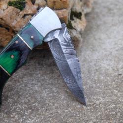 Couteau Lame Damas 128 Couches Manche 3 Bois Fa&ccedil;on Buck 112 Lockback Fabr Artisanale 002