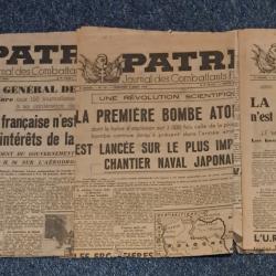 3 Journaux de 1945 " PATRIE " p&eacute;riode de la lib&eacute;raton WW2