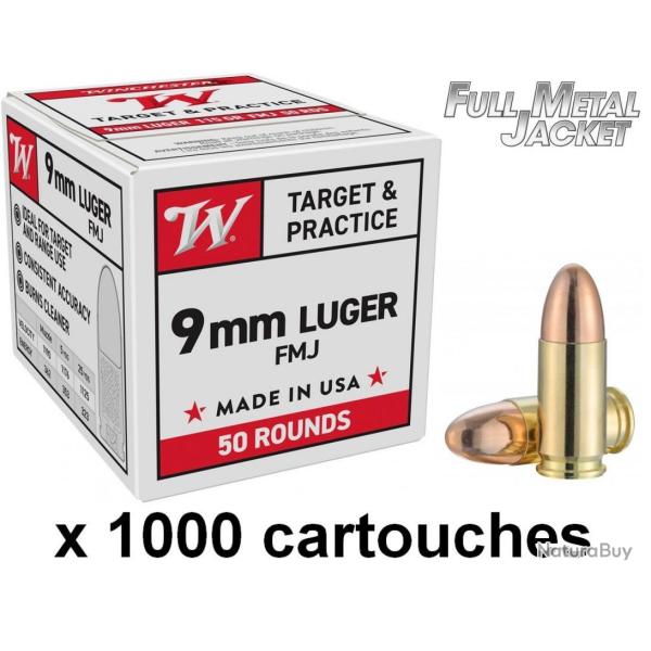 Munitions WINCHESTER FMJ CALIBRE 9 mm Luger / 9 x 19 / 9 mm para 124 GRS X 1000