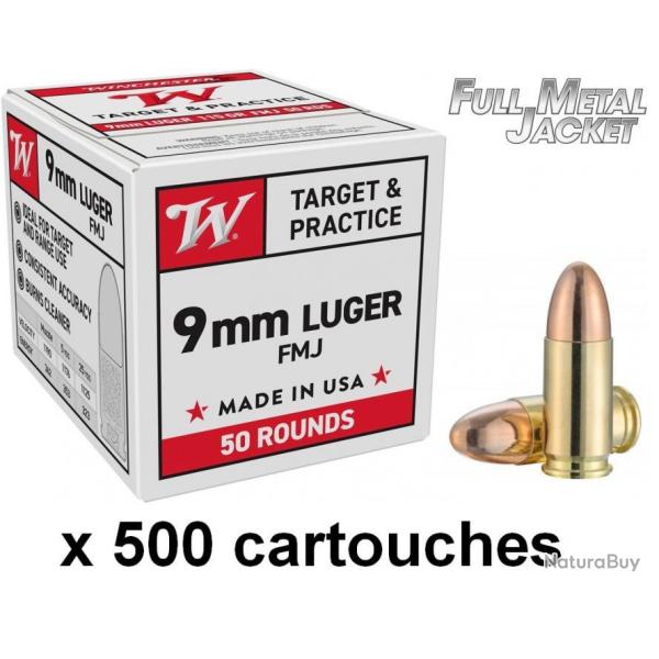 Munitions WINCHESTER FMJ CALIBRE 9 mm Luger / 9 x 19 / 9 mm para 124 GRS X 500