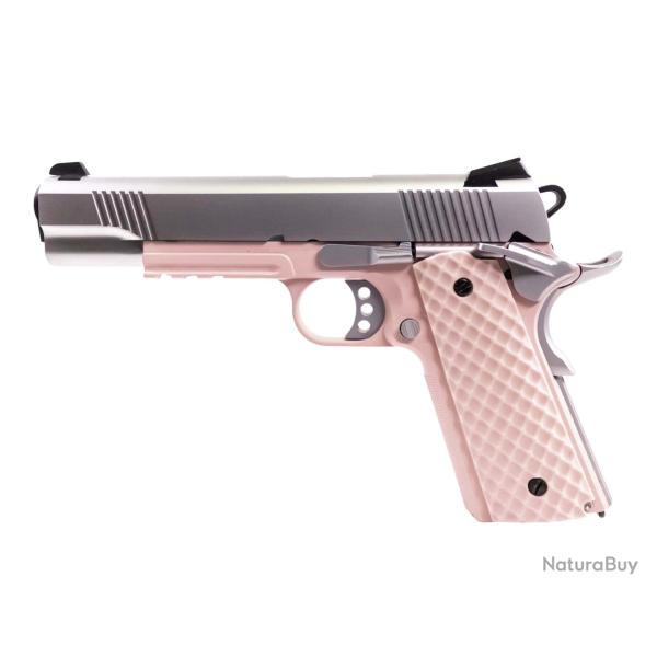 R�plique airsoft GBB 1911 MEU Railed Raven full metal gaz Rose / Silver 1,0J