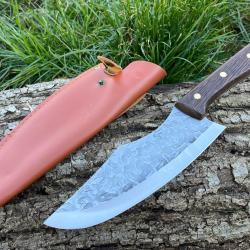 COUTEAU DE DECOUPE 29CM LAME EFFET BRUT ETUI CUIR ench&egrave;re