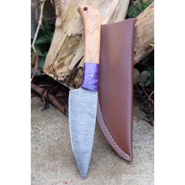 Skinner Couteau de Rando Cuisine Damas Lame 256 Couches Manche Bois/Purple Fab Artisanale Etui Cuir