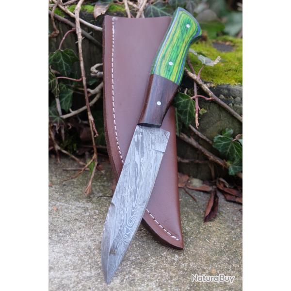 Skinner Couteau de Rando Cuisine Damas Lame 256 Couches Manche Bois Emeraude Fab Artisan Etui Cuir