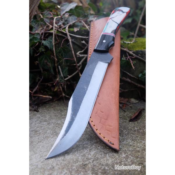 BIG Couteau Buscharft Survie Bowie Lame Clip Point Carbone 1075 Etui Cuir Manche R�sine Artisanale01