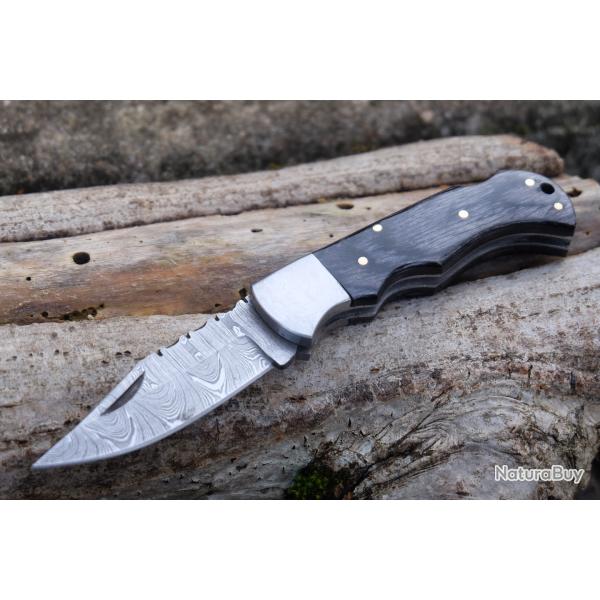 Couteau Lame Damas 128 Couches Manche Bois Smoke Fa�on Buck 112 Lockback Fabrication Artisanale
