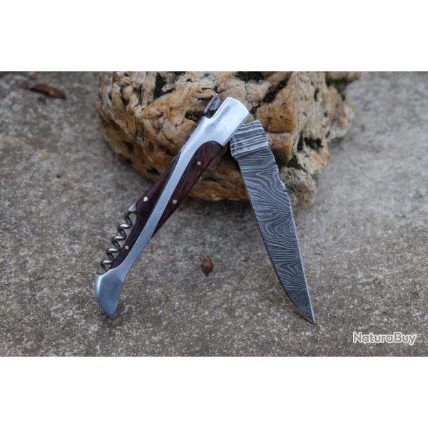 Couteau Damas Lame 128 Couches Fa�on Laguiole Abeille Manche Bois/Acier Tire Bouchons F Artisanale02