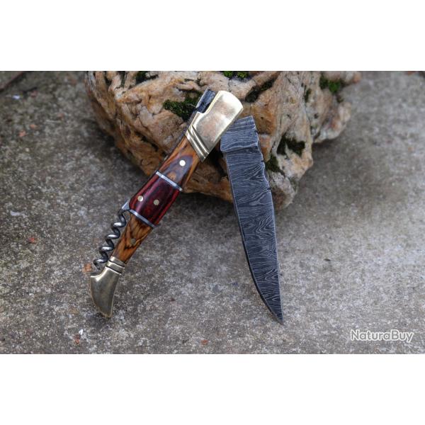 Couteau Damas Lame 128 Couches Fa�on Laguiole Abeille Manche Cocobolo Tire Bouchons Fabr ArtisanaleB