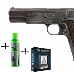Pack de Noel r&eacute;plique GBB AWC 1911 Molon Labe 1J + billes + cible + gaz