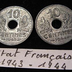 deux pieces de 10 centimes 1943 & 1944 ttb zinc petit module
