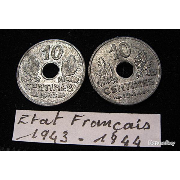 deux pieces de 10 centimes 1943 & 1944 ttb zinc petit module