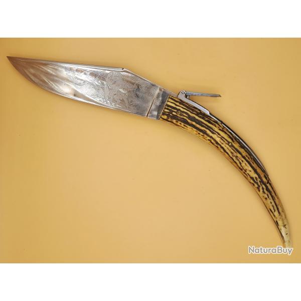 Fort couteau LEPRE (Maniago-Italie), palanquille, grav�, bois de cerf, LT 35,5cm