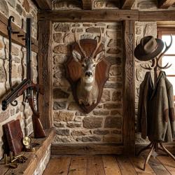 Ecusson chasse troph&eacute;e chevreuil ch&ecirc;ne fonc&eacute; cir&eacute; 52x31cm