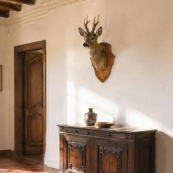 Ecusson chasse troph&eacute;e chevreuil ch&ecirc;ne fonc&eacute; cir&eacute; 40x25cm