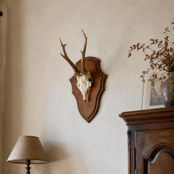 Ecusson chasse troph&eacute;e chevreuil ch&ecirc;ne fonc&eacute; cir&eacute; 26x18