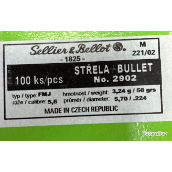Ogives Sellier & Bellot calibre 223 FMJ diam 5.6 3.24g 50grs x100 n�2902
